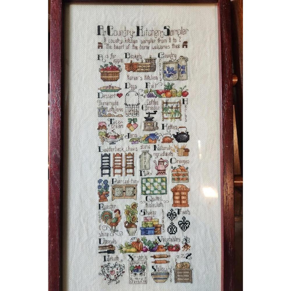 VTG Y2K Country Kitchen Sampler Cross Stitch Embroidery Framed 11x21 Cottagecore